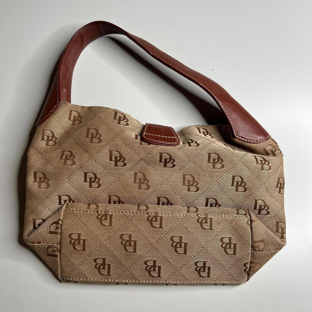 Dooney‎ & Bourke DB Signature Jacquard Shoulder Bag Brown Tan Leather Trim Hook - Picture 5 of 10